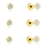 Kit 3 Pares Brinco Ouro 18k 3mm Infantil Segundo Furo Bebe