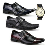 Kit 3 Pares Sapato Social Masculino Verniz Leve Relógio Dhl