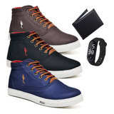 Kit 3 Pares Tênis Polo Cano Alto Bota Relogio Mais Carteira