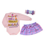 Kit 3 Peças Body Saia E Faixinha Meu 1° Arraiá Festa Junina