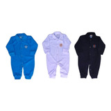 Kit 3 Peças Macacão Bebê Plush Manga Longa Pijama Algodão
