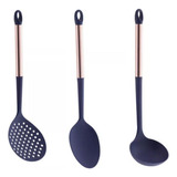 Kit 3 Peças Utensílios Cozinha De Nylon Cabo Inox Rose 