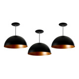 Kit 3 Pendentes Meia Lua De Alumínio Preto Com Cobre 33cm