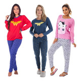 Kit 3 Pijama Longo Feminino Fechado Estampado Personagem