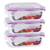 Kit 3 Potes Vidro Retangular Marmita Tampa Hermética 640ml