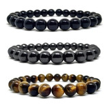 Kit 3 Pulseiras Pedras Olho De Tigre Hematita Onix 8mm