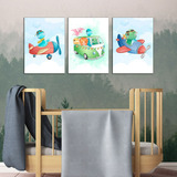 Kit 3 Quadrinhos Quarto Infantil Colorido Dinos Baby Avião