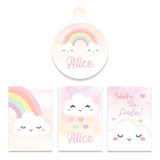 Kit 3 Quadros 1 Porta Maternidade Bebê Nuvem Chuva De Amor 9