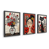 Kit 3 Quadros 18x24cm Flores, Vaso, Gato, Pintura, Moldura
