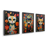 Kit 3 Quadros 18x24cm Gatos Mexicanos, Flores Arte, Moldura