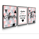 Kit 3 Quadros Amor Agradeço A Deus Fé Rosa Casa Sala Quarto
