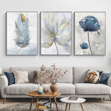 Kit 3 Quadros Decorativo Abstrato Flor Pena Ouro Azul 40x60