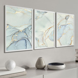 Kit 3 Quadros Decorativos Abstrato Claro Azul Gold Moldura