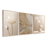 Kit 3 Quadros Decorativos Abstrato Flores Bege Boho Moldura