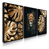 Kit 3 Quadros Decorativos Leão Folhas Douradas Sala Vidros