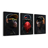Kit 3 Quadros Macacos Sábios Cego Surdo Mudo Fone 60x40 Cm