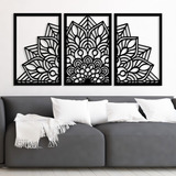 Kit 3 Quadros Mandala 124x60cm Mdf Preto Geométrico