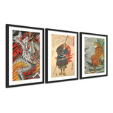 Kit 3 Quadros Orientais Samurai Tigre E Dragão Moldura A2 Cor Colorido Cor Da Armação Preta