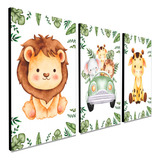 Kit 3 Quadros Safari Aquarela Infantil Quarto Criança