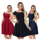 Kit 3 Vestidos Rodado Godê Moda Princesa Basico Acinturado