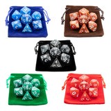 Kit 35 Dados Rpg De Mesa Marmorizado Opaco + 5 Bolsinhas D&d