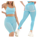 Kit 3pç Fitness Top Shorts Calça Levanta Empina Bumbum Ciano