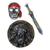 Kit 3pçs Escudo Espada Caveira Máscara Pirata Prata Medieval