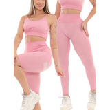 Kit 3pçs Fitness Top Shorts Calça Levanta Empina Bumbum Rosa