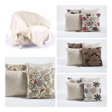 Kit 4 Almofadas Cheias Estampada Bege E Manta Xale Para Sofá