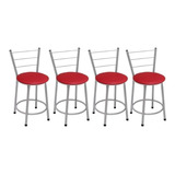 Kit 4 Banquetas Baixa Prata Assento Vermelho Balcão Mesa Bar