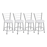 Kit 4 Banquetas Baixas Prata Com Encosto Assento Branco
