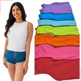Kit 4 Blusa Canelada Regata Feminina Basica Colorida Verão