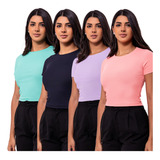 Kit 4 Blusinha T-shirt Canelada Cropped Feminina Casual Cor