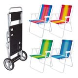 Kit 4 Cadeiras De Praia Aço + Carrinho De Praia Com Avanço