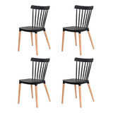 Kit 4 Cadeiras Windsor Ellen Base Em Madeira Sala Jantar Estrutura Da Cadeira Marrom-claro Assento Preto Desenho Do Tecido Liso