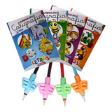 Kit 4 Cadernos Caligrafia + 4 Adaptadores Correção Escrita