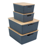 Kit 4 Caixas Organizadoras Tampa Bambu 2p/2m Cinza Oikos Cor Organizadora