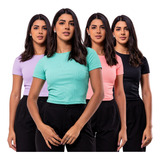 Kit 4 Camiseta Feminina Canelada Gola Alta Manga Curta Básic