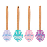 Kit 4 Espátulas Colher De Silicone Cupcake Cabo Bambu