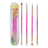 Kit 4 Extrator Cureta Tira Acne Cravos Espinha Limpeza Rosa