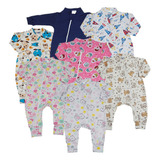 Kit 4 Macacão Bebê Suedine Estampas Sortidas C/zíper Vira Pé