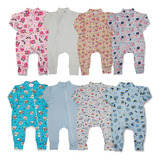 Kit 4 Macacão Bebê Suedine Estampas Sortidas Vira Pé C/zíper