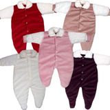 Kit 4 Peças Macacão Plush Bordado Bebe Menina Pé Reversível