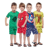 Kit 4 Pijamas De Calor Infantil Verão Heróis Juvenil Malha