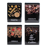 Kit 4 Potes Latas Porta Mantimentos Em Metal Quadrado Preto