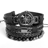 Kit 4 Pulseiras Masculinas Couro Preto Combo Bussola Black