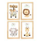 Kit 4 Quadros Decorativos Safari Baby Aquarela Moldura Vidro