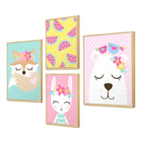 Kit 4 Quadros Para Quarto Infantil Bebê Animais Coloridos