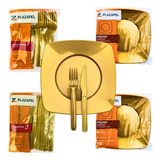 Kit 40 Prato Acrílico Dourado Ouro 100 Faca E Garfo Refeição