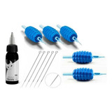 Kit 5 Agulhas + 5 Biqueiras + Preto Linha 30ml Tattoo